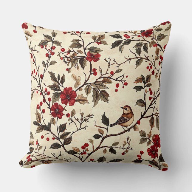 Rustic Bird and Poinsettia Christmas Pattern (22) Throw Pillow (Front)