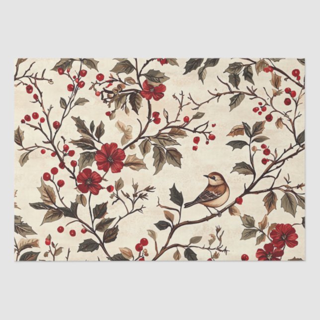Rustic Bird and Poinsettia Christmas Pattern (22) Tissue Paper (Front)