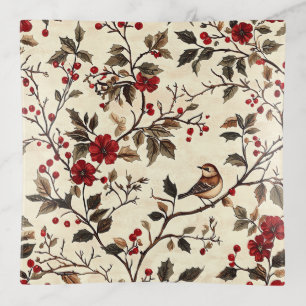 Rustic Bird and Poinsettia Christmas Pattern (22) Trinket Tray