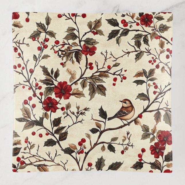 Rustic Bird and Poinsettia Christmas Pattern (22) Trinket Tray (Front)