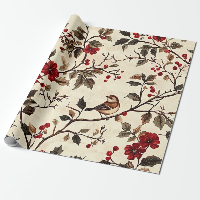 Rustic Bird and Poinsettia Christmas Pattern (22) Wrapping Paper (Unrolled)