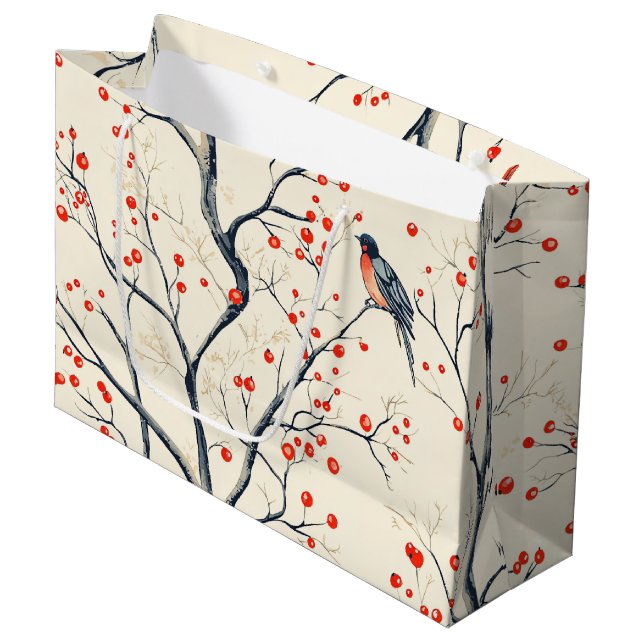 Rustic Bird and Poinsettia Christmas Pattern (2) Large Gift Bag (Front Angled)