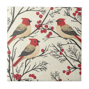Rustic Bird and Poinsettia Christmas Pattern (3)  Ceramic Tile