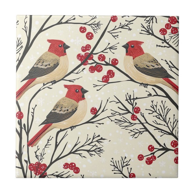 Rustic Bird and Poinsettia Christmas Pattern (3)  Ceramic Tile (Front)