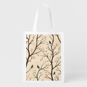 Rustic Bird and Poinsettia Christmas Pattern (5) Grocery Bag