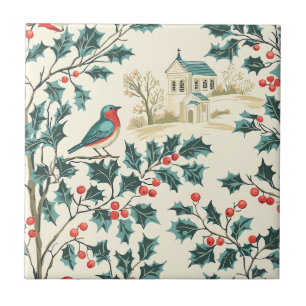 Rustic Bird and Poinsettia Christmas Pattern (7)  Ceramic Tile