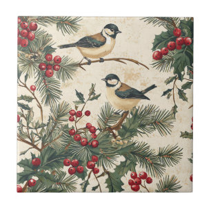 Rustic Bird and Poinsettia Christmas Pattern (8)  Ceramic Tile