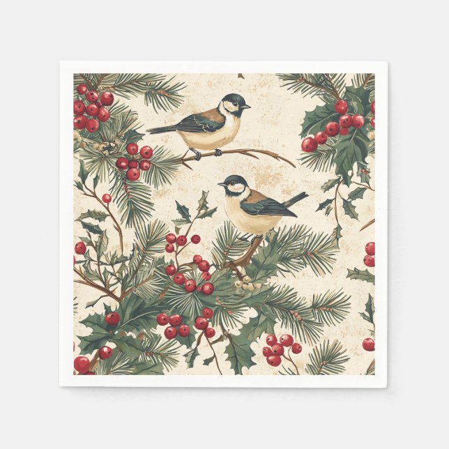 Rustic Bird and Poinsettia Christmas Pattern (8) Napkins (Front)