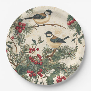 Rustic Bird and Poinsettia Christmas Pattern (8) Paper Plates