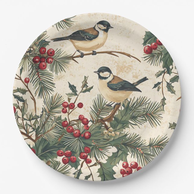Rustic Bird and Poinsettia Christmas Pattern (8) Paper Plates (Front)