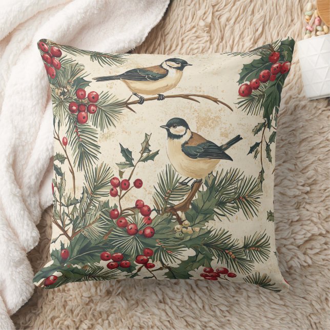 Rustic Bird and Poinsettia Christmas Pattern (8) Throw Pillow (Blanket)