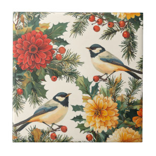 Rustic Bird and Poinsettia Christmas Pattern (9) Ceramic Tile