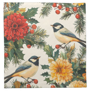 Rustic Bird and Poinsettia Christmas Pattern (9) Cloth Napkin