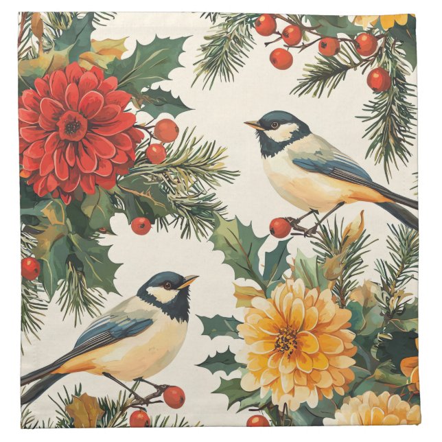 Rustic Bird and Poinsettia Christmas Pattern (9) Cloth Napkin (Front)