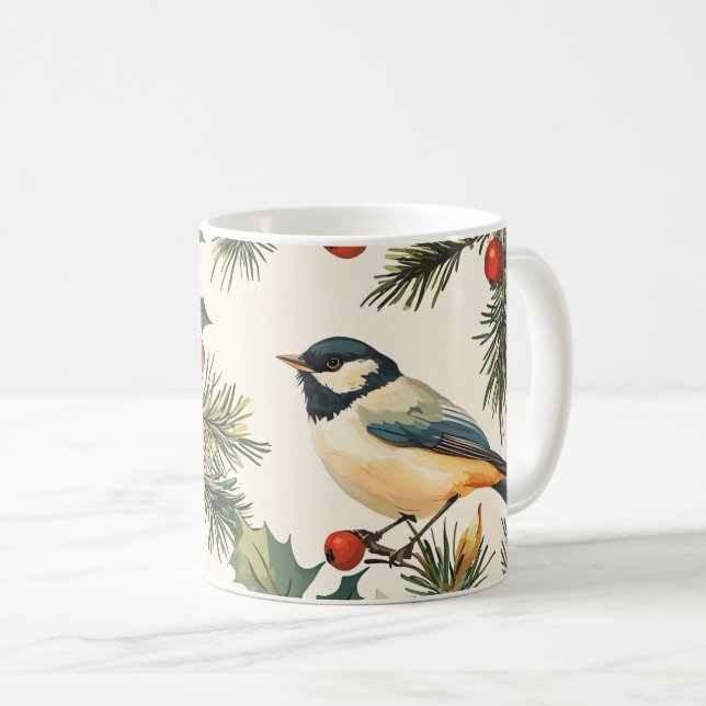 Rustic Bird and Poinsettia Christmas Pattern (9) Coffee Mug (Front Right)