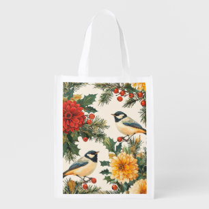 Rustic Bird and Poinsettia Christmas Pattern (9) Grocery Bag
