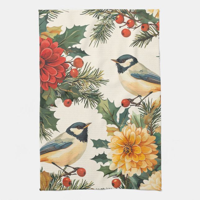 Rustic Bird and Poinsettia Christmas Pattern (9) Kitchen Towel (Vertical)