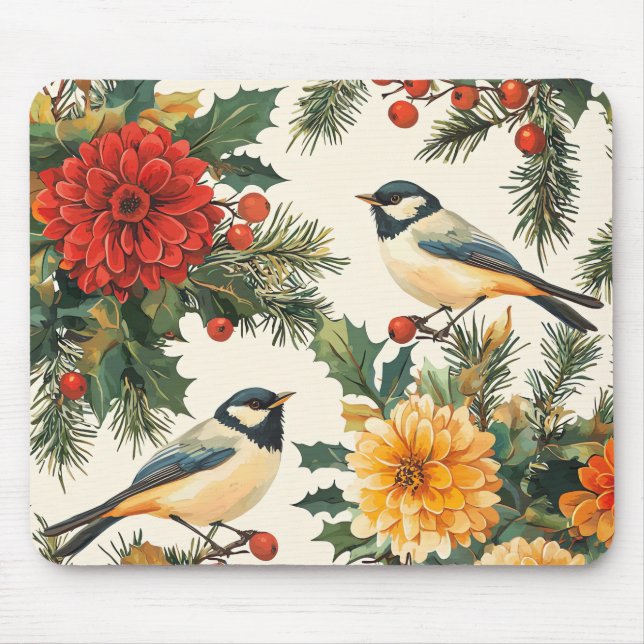 Rustic Bird and Poinsettia Christmas Pattern (9) Mouse Pad (Front)