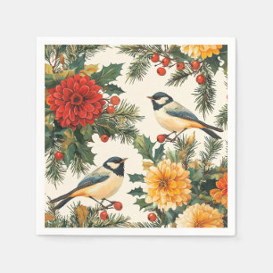 Rustic Bird and Poinsettia Christmas Pattern (9) Napkins