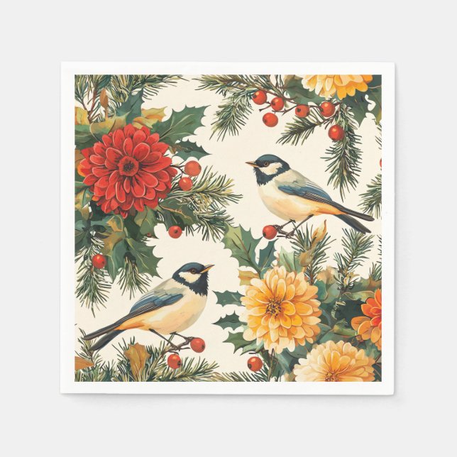 Rustic Bird and Poinsettia Christmas Pattern (9) Napkins (Front)