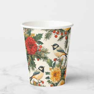 Rustic Bird and Poinsettia Christmas Pattern (9) Paper Cups