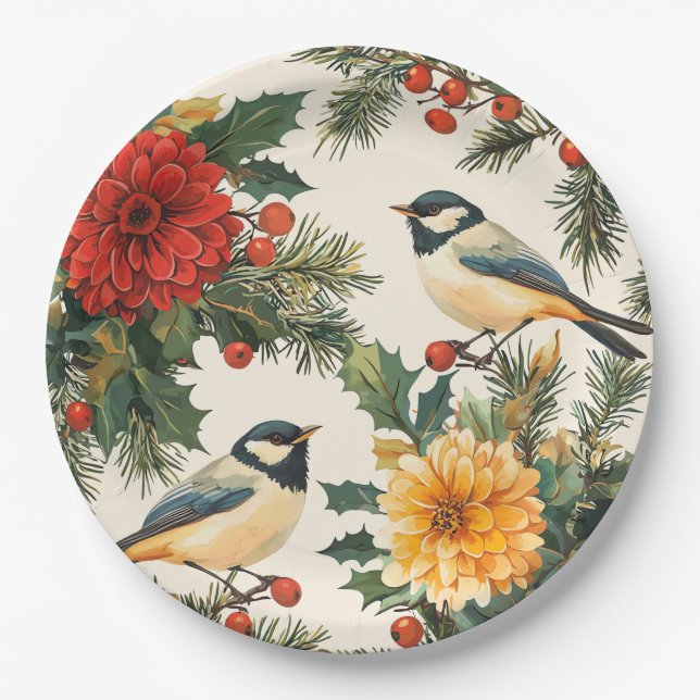 Rustic Bird and Poinsettia Christmas Pattern (9) Paper Plates (Front)