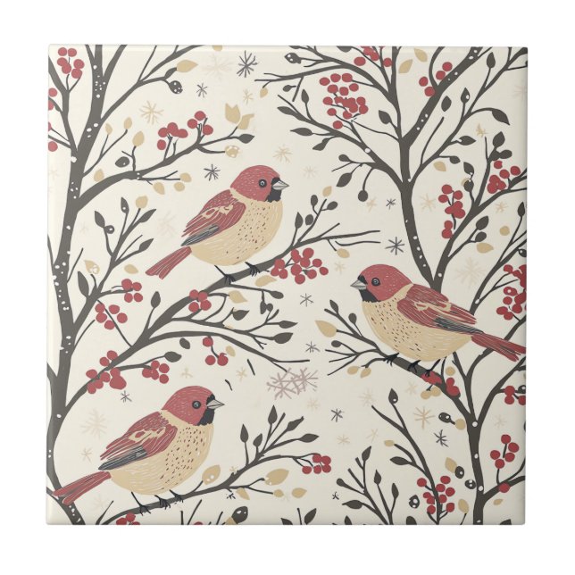 Rustic Bird and Poinsettia Christmas Pattern Ceramic Tile (Front)