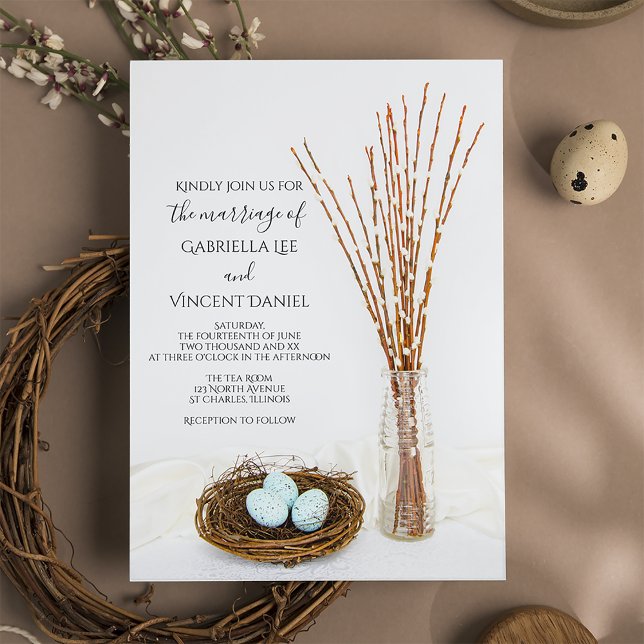 Rustic Bird Nest Blue Eggs Pussy Willows Wedding Invitation (Creator Uploaded)