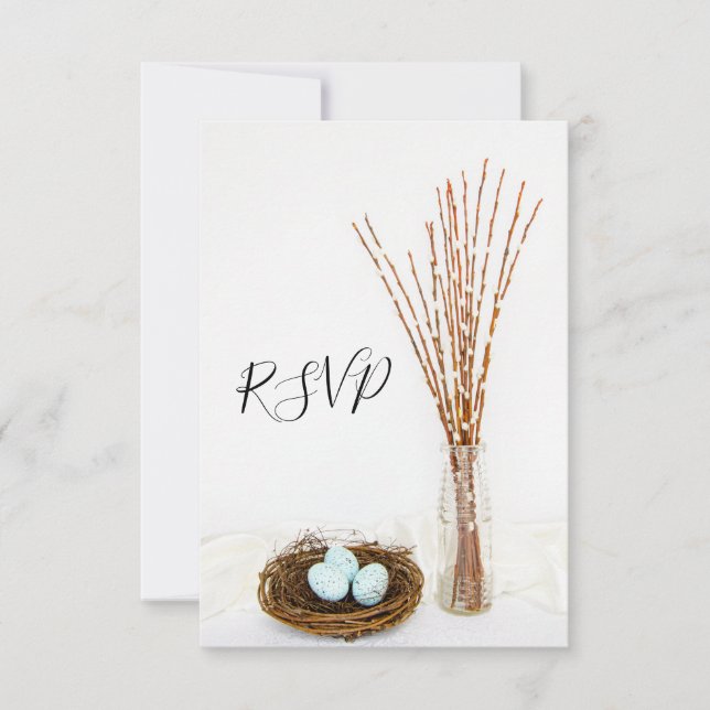 Rustic Bird Nest, Eggs, Pussy Willow Wedding RSVP Card (Front)