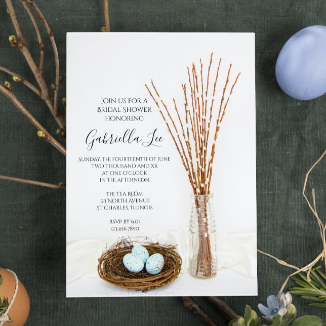 Rustic Bird Nest Eggs Pussy Willows Bridal Shower Invitation (Creator Uploaded)