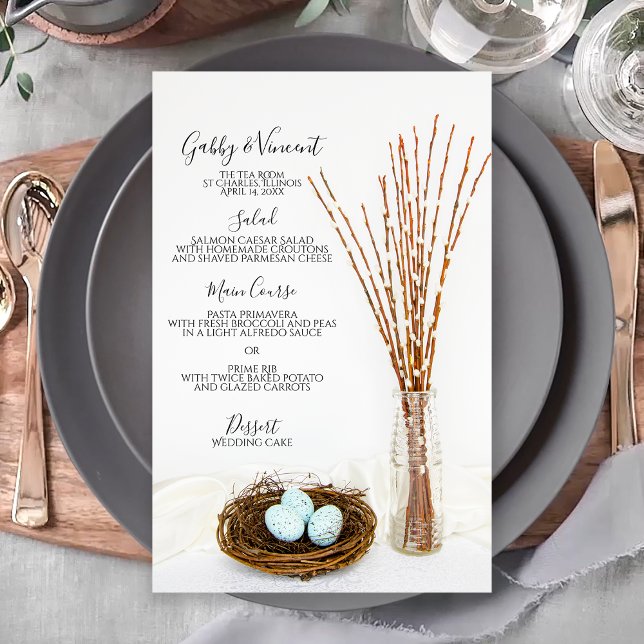 Rustic Bird Nest, Eggs, Pussy Willows Wedding Menu (Creator Uploaded)