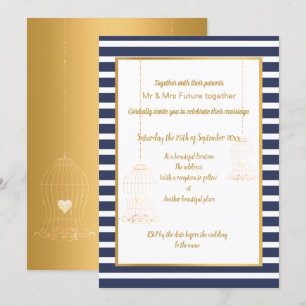 RUSTIC BIRDCAGE WHITE NAVY GOLD STRIPE 2 WEDDING INVITATION