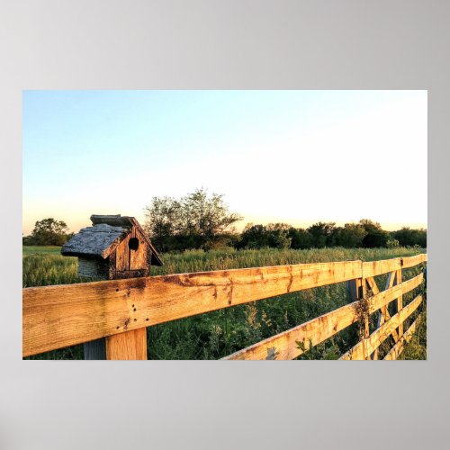 Rustic Birdhouse and Beautiful Country Sunset Poster