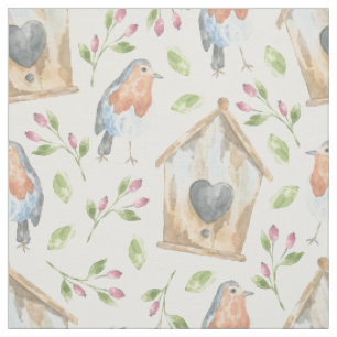 Rustic Birdhouse Robin Watercolor Pattern Fabric