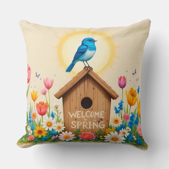 Rustic Birdhouse with Blossoms and Nature Inspired Throw Pillow (Front)