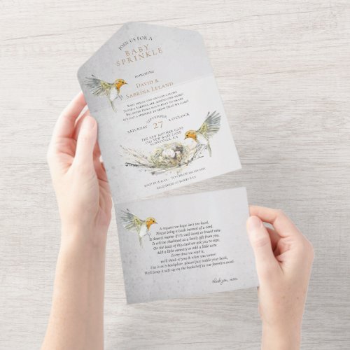 Rustic Birds and Nest Watercolor Baby Sprinkle  All In One Invitation