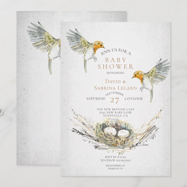 Rustic Birds and Nest Watercolor Twins Baby Shower Invitation (Front/Back)