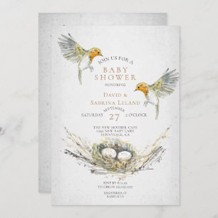 Rustic Birds and Nest Watercolor Twins Baby Shower Invitation