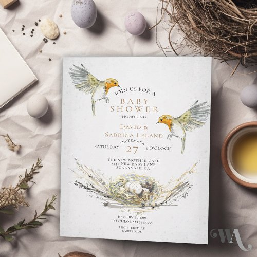 Rustic Birds Nest Watercolor Couples Baby Shower Invitation