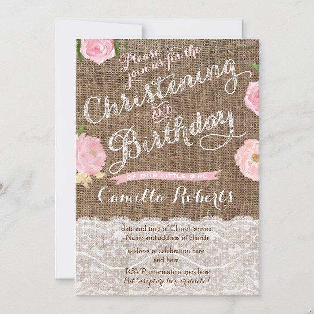 Rustic Birthday and Christening invite for girl (Front)