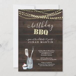 Rustic Birthday Party BBQ - Lights Wood Mason Jar Invitation