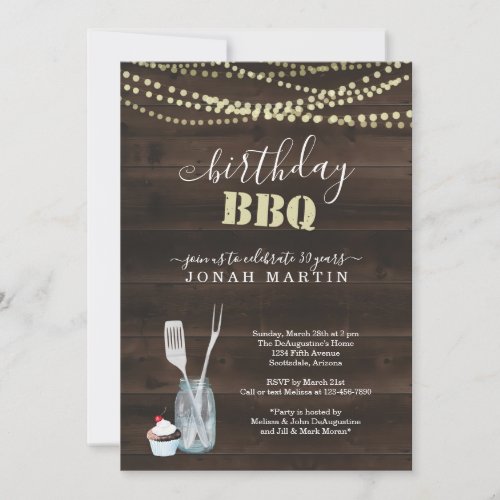 Rustic Birthday Party BBQ _ Lights Wood Mason Jar Invitation