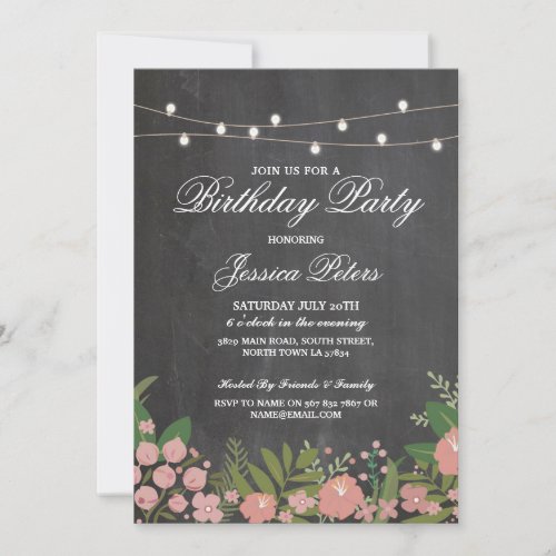 Rustic Birthday Party Coral Floral Chalk Invite