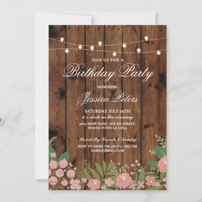 Rustic Birthday Party Coral Floral Wood Invitation (Front)