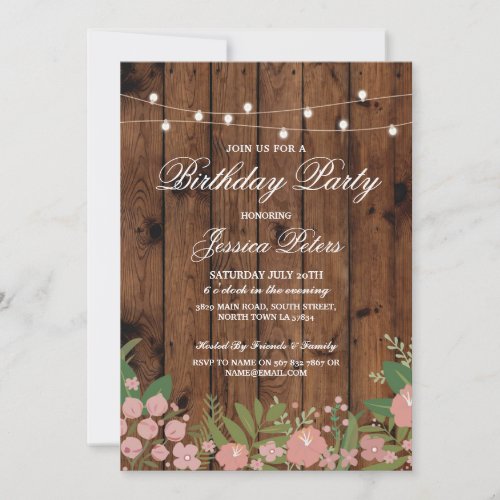 Rustic Birthday Party Coral Floral Wood Invitation