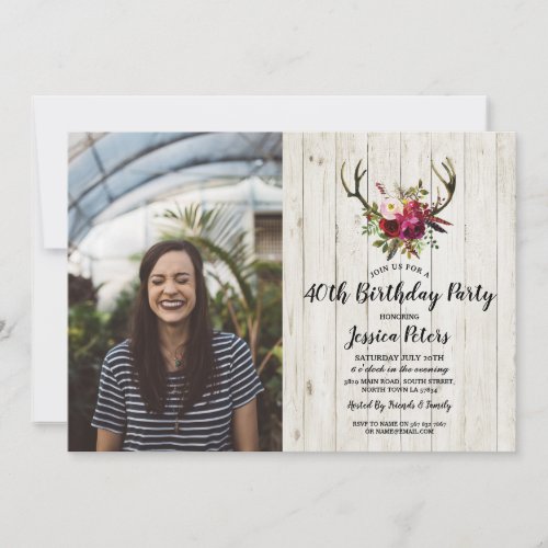 Rustic Birthday Party Floral Antler Stag Photo Invitation