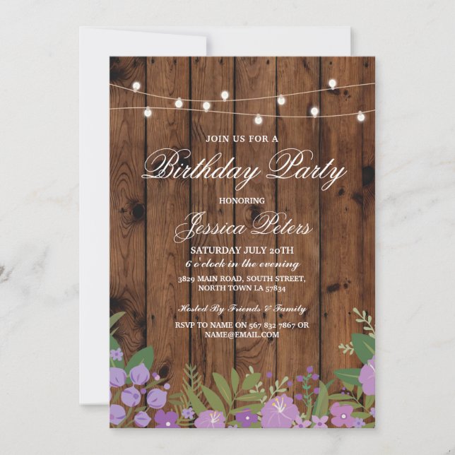 Rustic Birthday Party Purple Floral Wood Invite (Front)