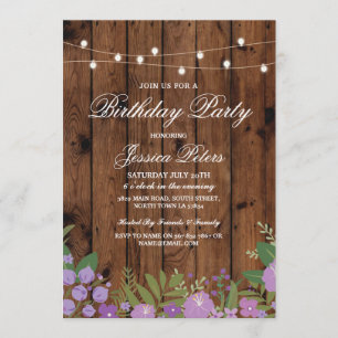 Rustic Birthday Party Purple Floral Wood Invite