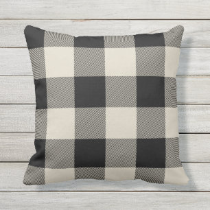 Rustic Black and Beige Buffalo Check Plaid Throw Pillow