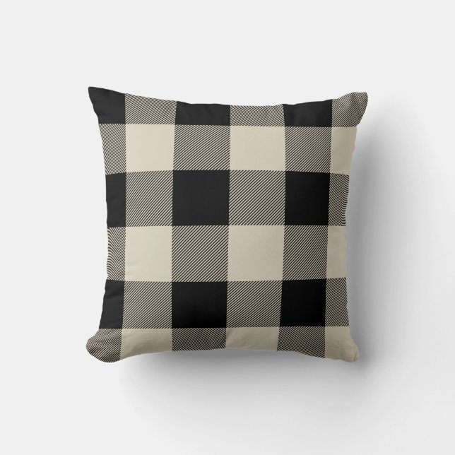 Rustic Black and Beige Buffalo Check Plaid Throw Pillow (Front)
